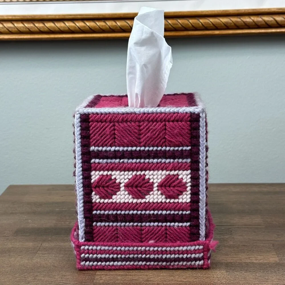 Vtg Handmade Tissue Box Cover + Base Pink Needlepoint Decor Gift Grandma Cottage
